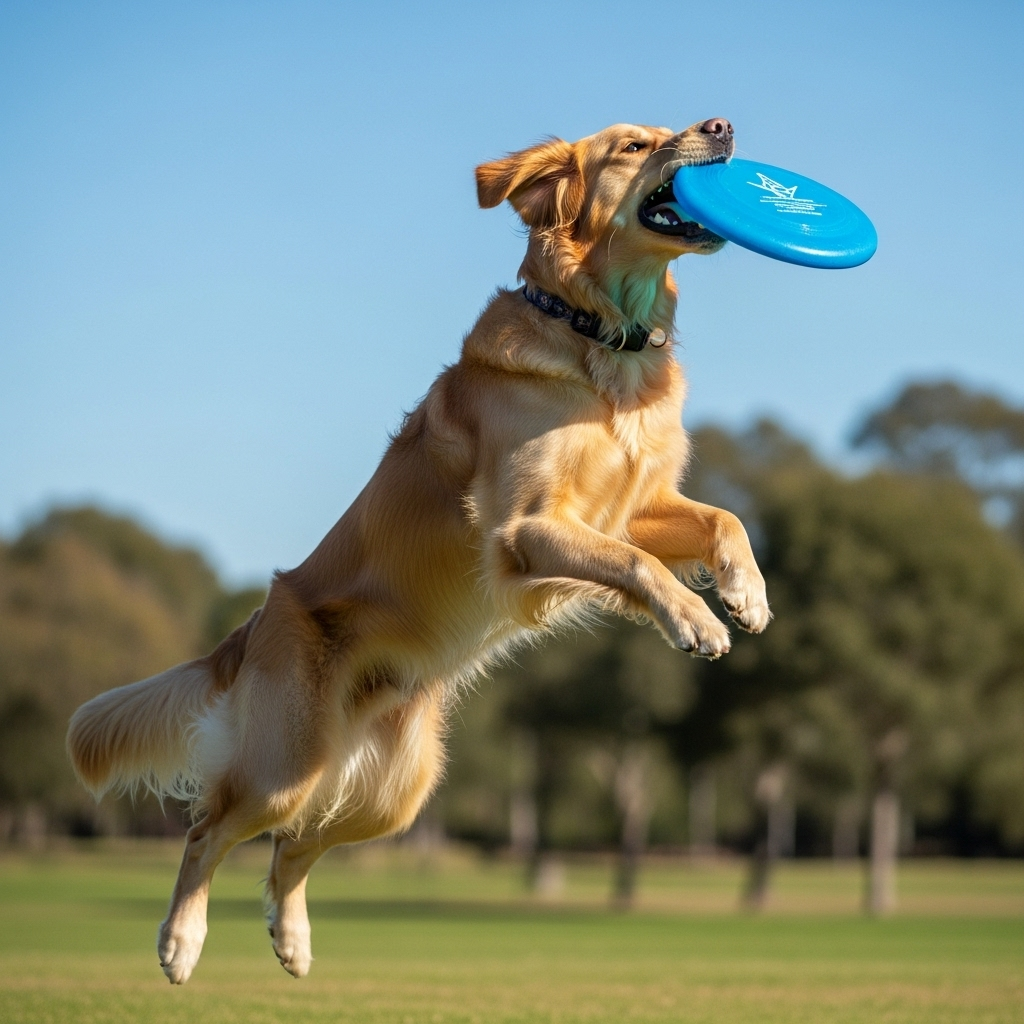 Max leaping to catch a frisbee mid-air