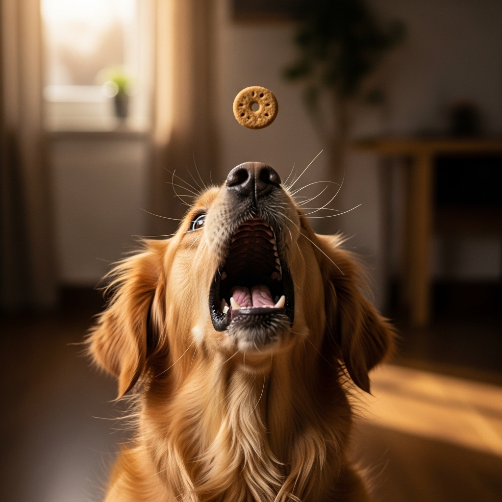 Max catching a treat in his mouth