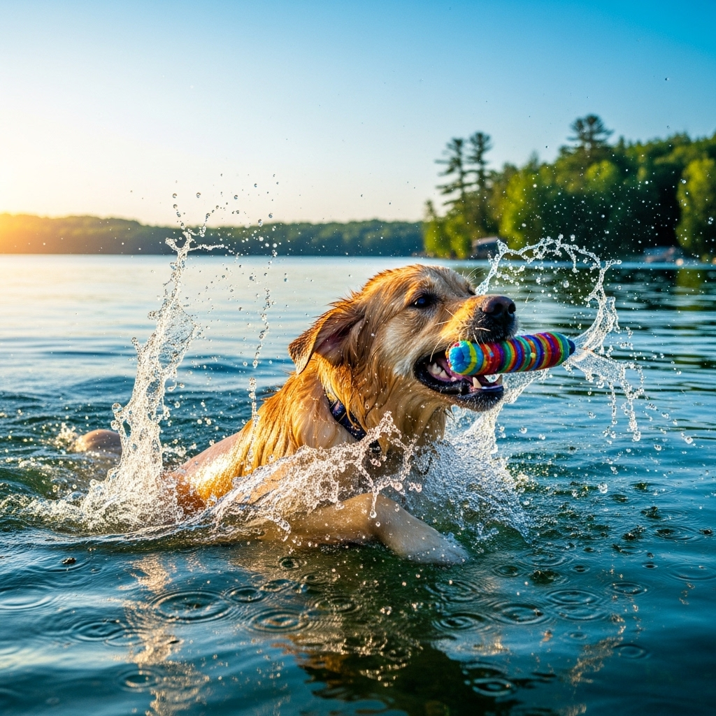 Max catching a toy while swimming